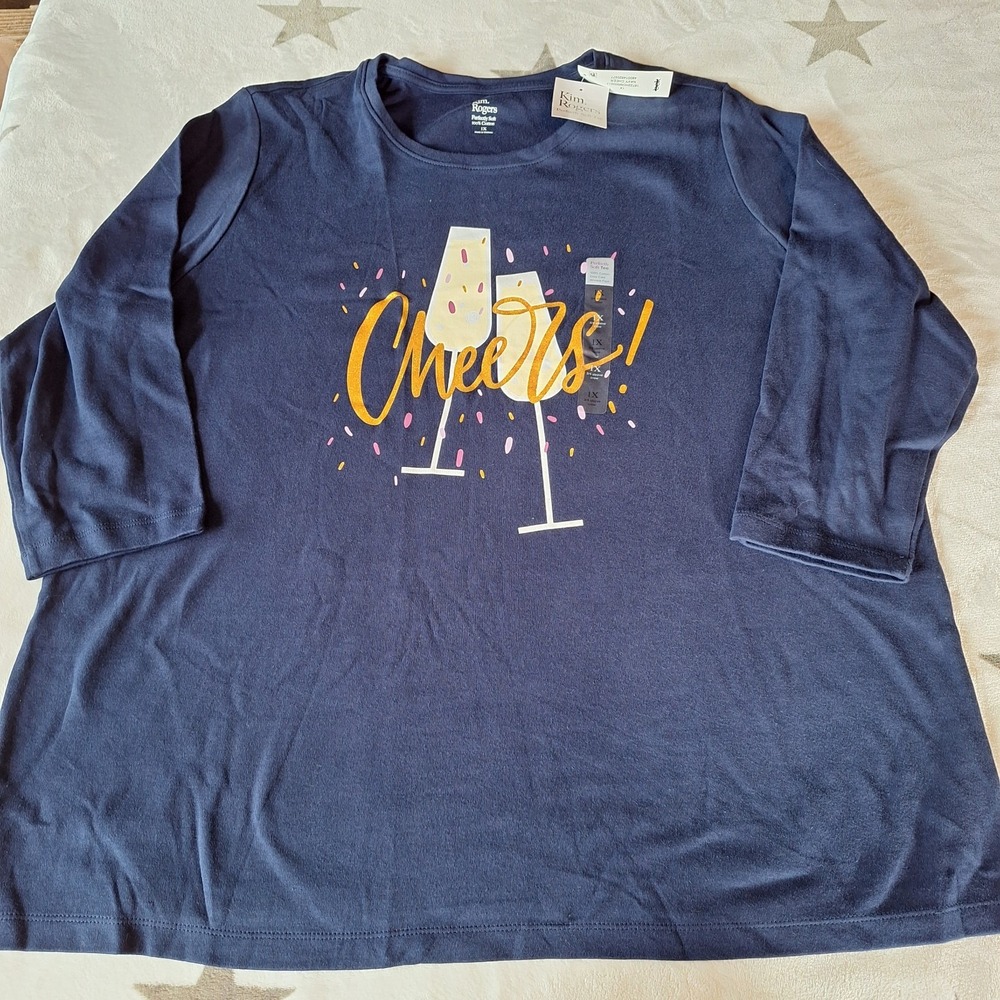 Kim Rogers Perfectly Soft 1XL Long Sleeve Shirt Christmas New Years Cheers Navy